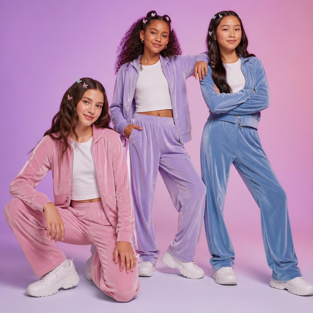 Three girls in clean Y2K velour tracksuits and baby tees, posing together